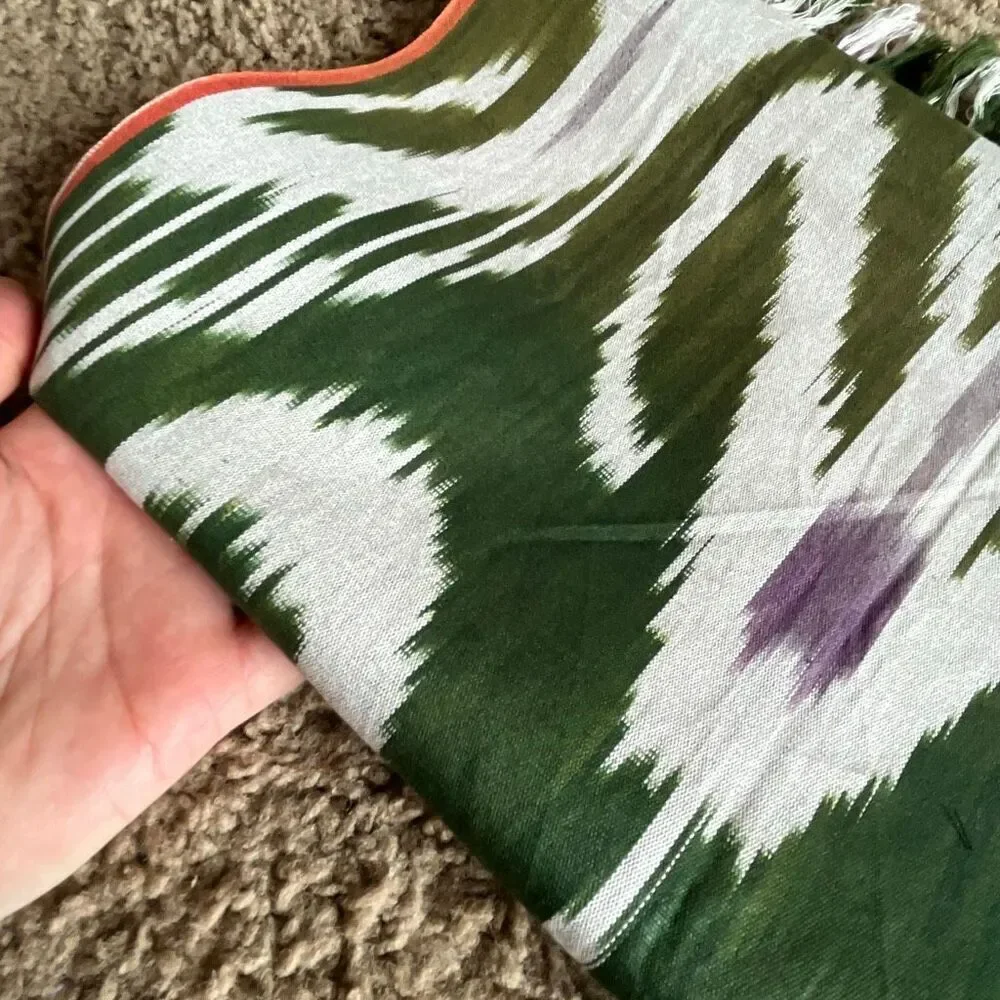VTG Ikat Woven Scarf Shawl Green Purple Fringe Boho Wrap 70x15